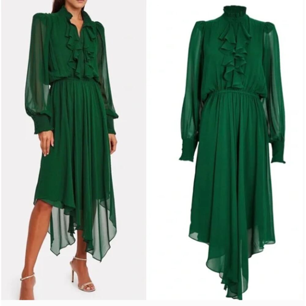 NWT Divine Heritage Silk Handkerchief Midi Dress in Emerald Green